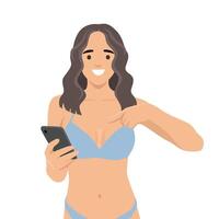 Smiling Woman in Bikini Holding and Pointing at Smartphone. vector