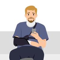 Man with a neck brace and arm sling sits on a bench, looking at his phone with a pained expression. vector