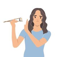 Woman with a hesitant expression holds sushi with chopsticks while signaling no with her hand. vector