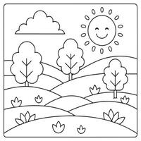 Smiling sun fluffy clouds and trees landscape illustration vector
