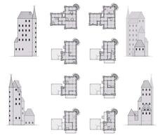 Architectural Renderings of Medieval Castle Plans and Elevations vector