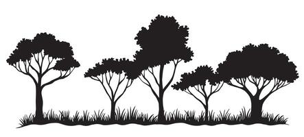 Black and white illustration of landscape with grass and trees. vector