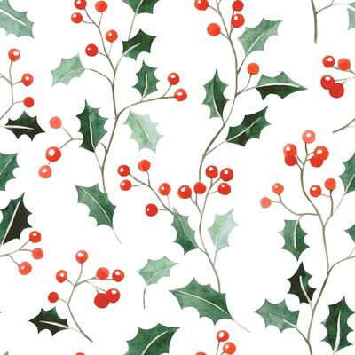 Watercolor simple illustration. Seamless pattern of Christmas holly branches