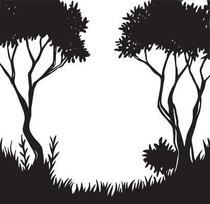 black and white magic forest frame. silhouette of a fabulous, magical forest. design for halloween