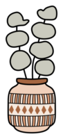 Hand-drawn boho vase with eucalyptus branches in a neutral palette. Perfect for home decor, botanical, or minimalistic design projects and stickers. png