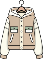 Neutral varsity jacket with hood, pockets, and snap buttons in a modern, minimalist style. Perfect for fashion, apparel, or autumn design projects. png