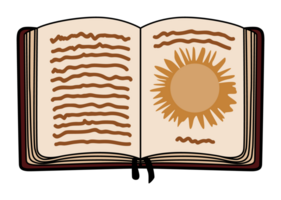 Open book with handwritten notes and a sun illustration on one page. Ideal for themes of journaling, spirituality, learning, and boho lifestyle. png
