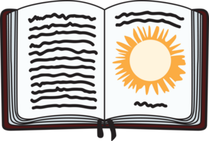 Hand-drawn open book with a sun and text lines. Perfect for reading, education, literature, and creative or inspirational projects. png
