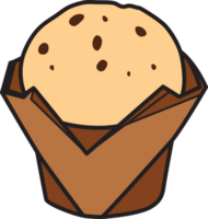 Cute cartoon muffin with chocolate chips in a brown wrapper, illustrated in a flat style. Ideal for dessert-themed stickers, bakery designs, or sweet food projects. png