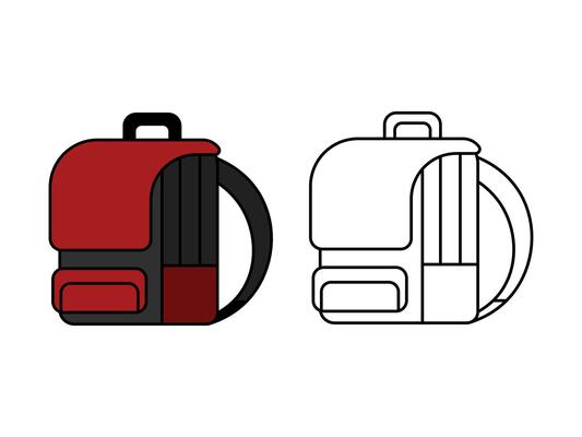 Illustration of a red school bag in two color versions and outline. Suitable for educational content, student supplies, school supplies, and travel-themed designs. Editable strokes