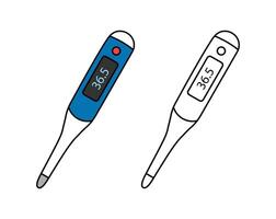 digital thermometer in two styles, colored and outlined. relevant for medical, healthcare, hospital and fitness. editable strokes vector