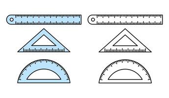 Illustration of three common measuring tools, ruler, triangle, and protractor. Colored and outline versions. Suitable for educational, geometry, school supplies, or math themes. Editable strokes vector