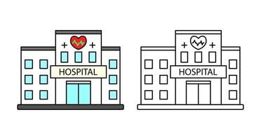 hospital building in two styles, colorful and outline. Ideal for use in medical, healthcare, emergency services and hospital-related design projects. editable strokes vector