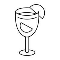Simple black line art illustration of a cocktail drink in a glass, garnished with lemon slices and ice cubes vector