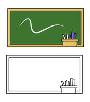 Illustration of a green chalkboard in a classroom complete with books and eraser, colored and lined versions. Relevant to education, teaching tools, classroom graphics. Editable strokes vector