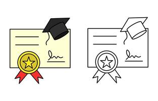 Certificate illustration, colored and outline versions. Includes diploma, graduation cap, ribbon, and signature. Suitable for education, achievement, or academic design themes. Editable strokes vector