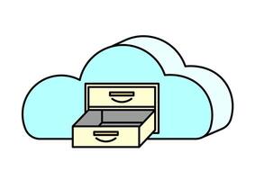 Illustration representing cloud storage, showing a cloud icon with an open file drawer. This icon represents data storage, cloud computing, online backup, and digital file management. vector