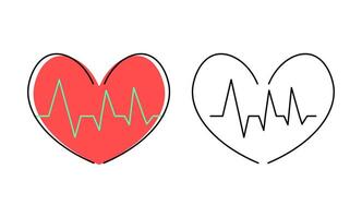 heart with heartbeat line in two styles, colored and outlined. Represents health monitoring, heart rate, and medical examination. Relevant to healthcare, cardiology, and fitness. Editable stroke vector