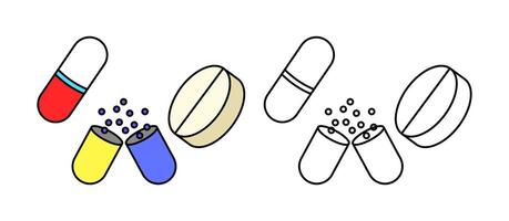 medical pills and capsules in two colored and outline versions. Suitable for pharmaceutical, health and medical themed designs. Editable strokes vector