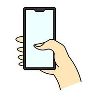 Simple illustration of a hand holding a smartphone with a blank screen. Suitable for concepts related to technology, mobile apps, user interface design, and digital communication themes. vector