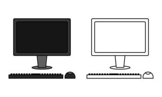 Illustration of a desktop computer includes a monitor, keyboard, and mouse, colored and outline versions. . Suitable for technology purposes, interface design, or digital concepts. Editable strokes vector