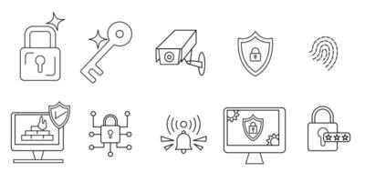 A set of editable line icons themed around digital security and protection. Suitable for use in cybersecurity applications, websites, infographics and data protection materials vector