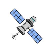 Satellite illustration depicting space technology, communications and global connectivity, with solar panels and signal transmitters. Suitable for concepts related to aerospace, GPS and broadcasting. vector