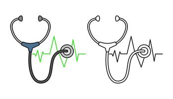 stethoscope in two styles, colored and outlined. the heartbeat outline symbol represents medical examination and heart monitoring. relevant to health, hospitals, clinics and doctors.editable strokes vector