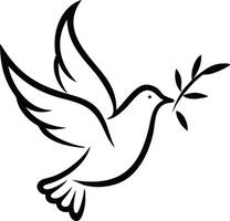 Dove carrying olive branch minimal black and white style. vector