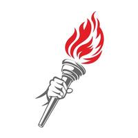 Stylized torch logo with hand holding flaming torch. vector