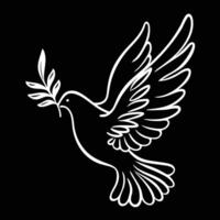 Minimal white dove with olive branch on dark background. vector
