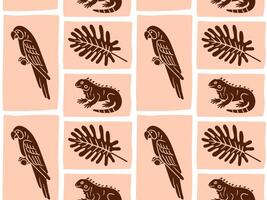 Hand-drawn seamless pattern with parrot, iguana, and tropical monstera leaf in warm brown tones. Ideal for jungle-themed packaging, fabric, and eco-friendly designs. vector