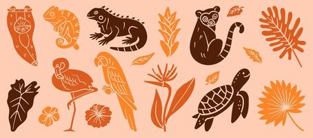 Silhouette set of exotic tropical animals and plants in warm earthy tones, including a sloth, parrot, chameleon, lemur, flamingo, turtle, iguana, and jungle flora. Ideal for summer projects. vector