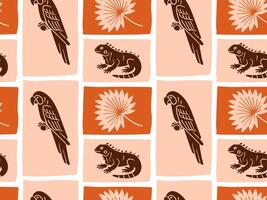 Tropical seamless pattern with parrot, iguana, and palm leaf in bold earthy colors. Hand-drawn doodle style perfect for summer textiles, wrapping, and surface design. vector