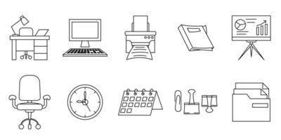 A set of office-themed line icons and elements. desk, computer, printer, book, presentation board, office chair, clock, calendar, stationery clip, and folder. editable strokes vector