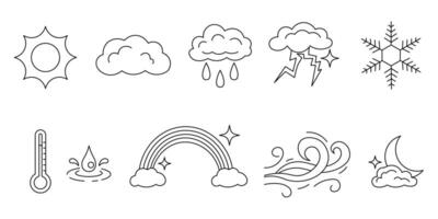 A collection of simple line illustrations depicting various weather elements such as the sun, clouds, rain, storm, snowflakes, thermometer, water droplets, rainbow, wind and the moon. vector