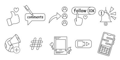 collection of various elements of interaction in social media with line style. like, comment, follow, notification, story, hashtag, share, and . editable strokes vector