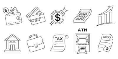 A set of lines depicting business and finance elements. Icons of wallet, credit card, dollar sign, calculator, graph, office, briefcase, tax, , and invoice. Editable strokes vector