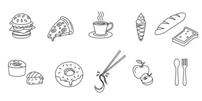 set of line style food themes, such as burger, pizza, coffee, ice cream, bread, toast, sushi, donut, noodles with chopsticks, apple, and cutlery. Editable strokes vector