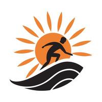 Surfer riding wave with sun rays vector