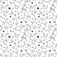Isolated celebrate seamless pattern with festive stars shape and doodle abstract textures, Hand drawn ink black and white background, Trendy monochrome elements for christmas, birthday wrapping vector