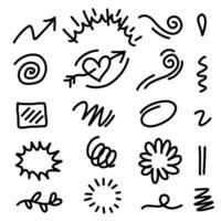 Hand drawn anime manga doodle grunge line elements curved charcoal, chalk arrows, speech bubble, abstract shapes, graphic effects for character emotion. vector