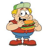 Cartoon man enjoying a large burger with a big smile illustration vector