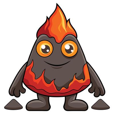 Cute cartoon volcano character with smiling face and two ash piles illustration