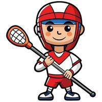 Cartoon lacrosse player with helmet and stick ready to play sport vector