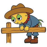 Cartoon scarecrow leaning on fence with sad expression and wearing a hat vector