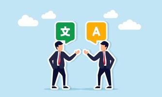 Businessman talking to another businessman, showing chat dialog with alphabet and Mandarin symbols, illustration of cultural acculturation or globalization in language vector