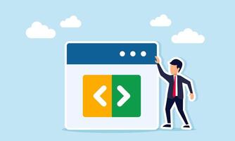 Businessman standing next to an app interface displaying programming symbols, illustration of planning related to creating a business application vector