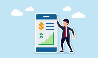 Businessman standing next to an application interface showing dollar signs and a chart, illustration of monitoring and analyzing business financial conditions vector