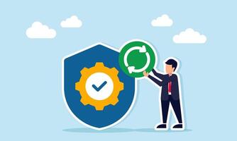 Businessman holding a continuous symbol beside a shield marked with a gear and check mark, illustration of ongoing work protection and insurance vector